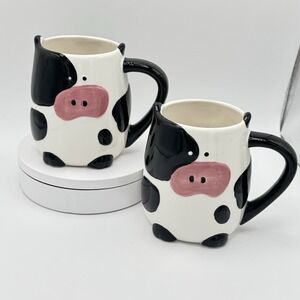 TAG Cow Mug‎ Pair Black & White 3D Cow Face Pink Snout Farmhouse Ceramic RARE